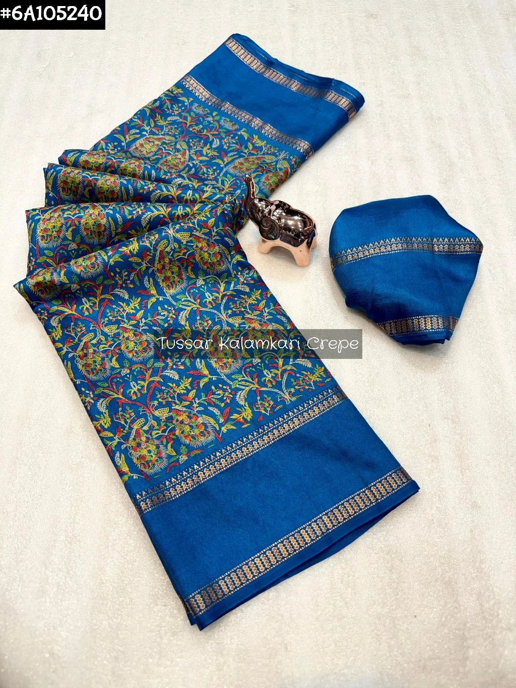 Blue Tussar Kalamkari Crepe Saree with Zari Border 4