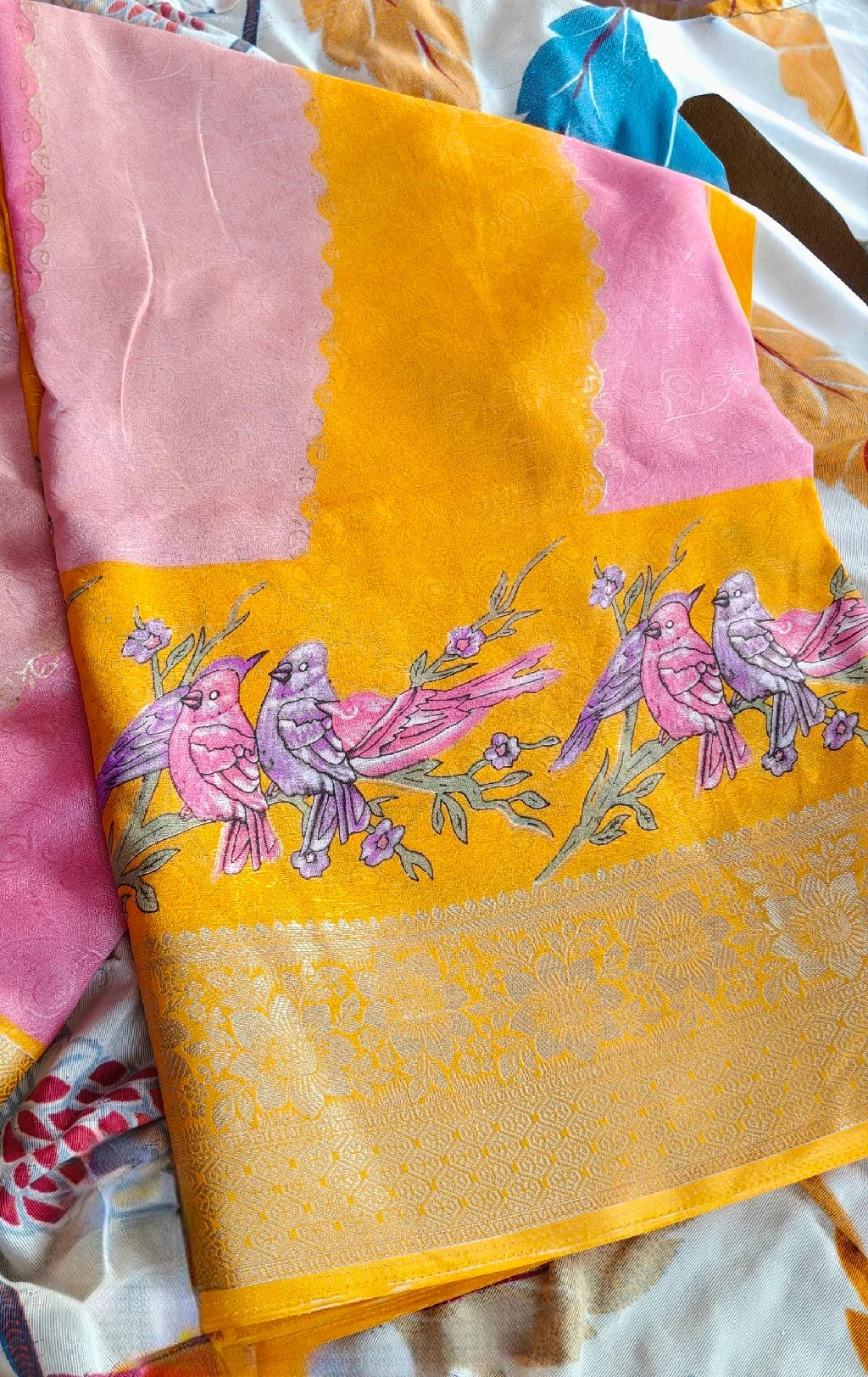 Yellow Pink Bird Motif Silk Blend Saree - Variant 2