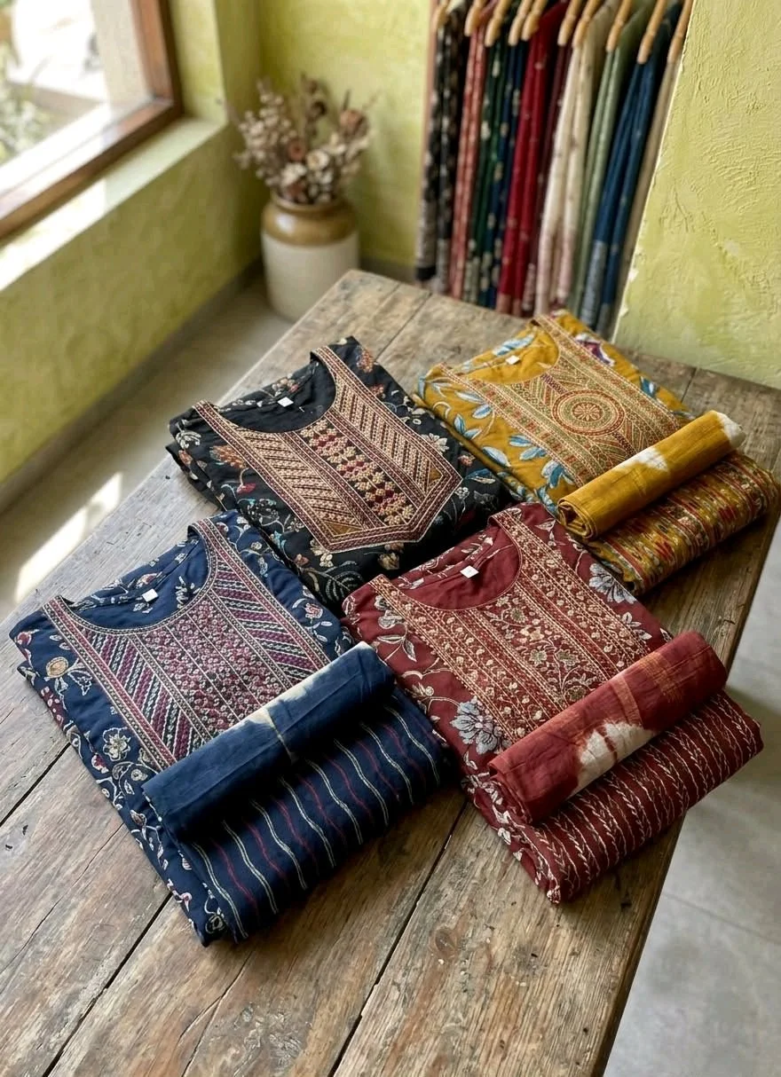 Embroidered Cotton Kurti Sets with Dupatta thumbnail 1