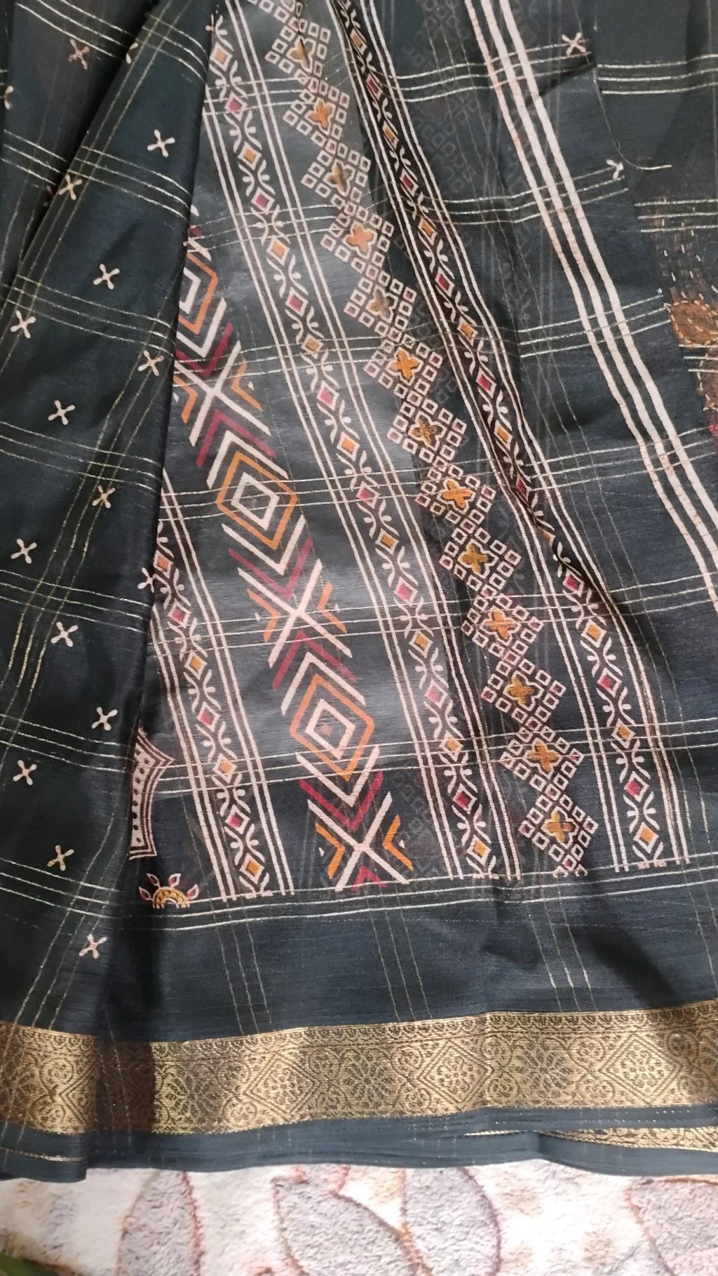 Black Silk Blend Saree with Gold Checkered Pattern and Floral Print thumbnail 5