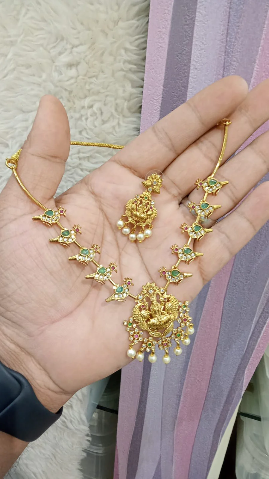 Gold Plated Peacock and Lakshmi Temple Necklace Set