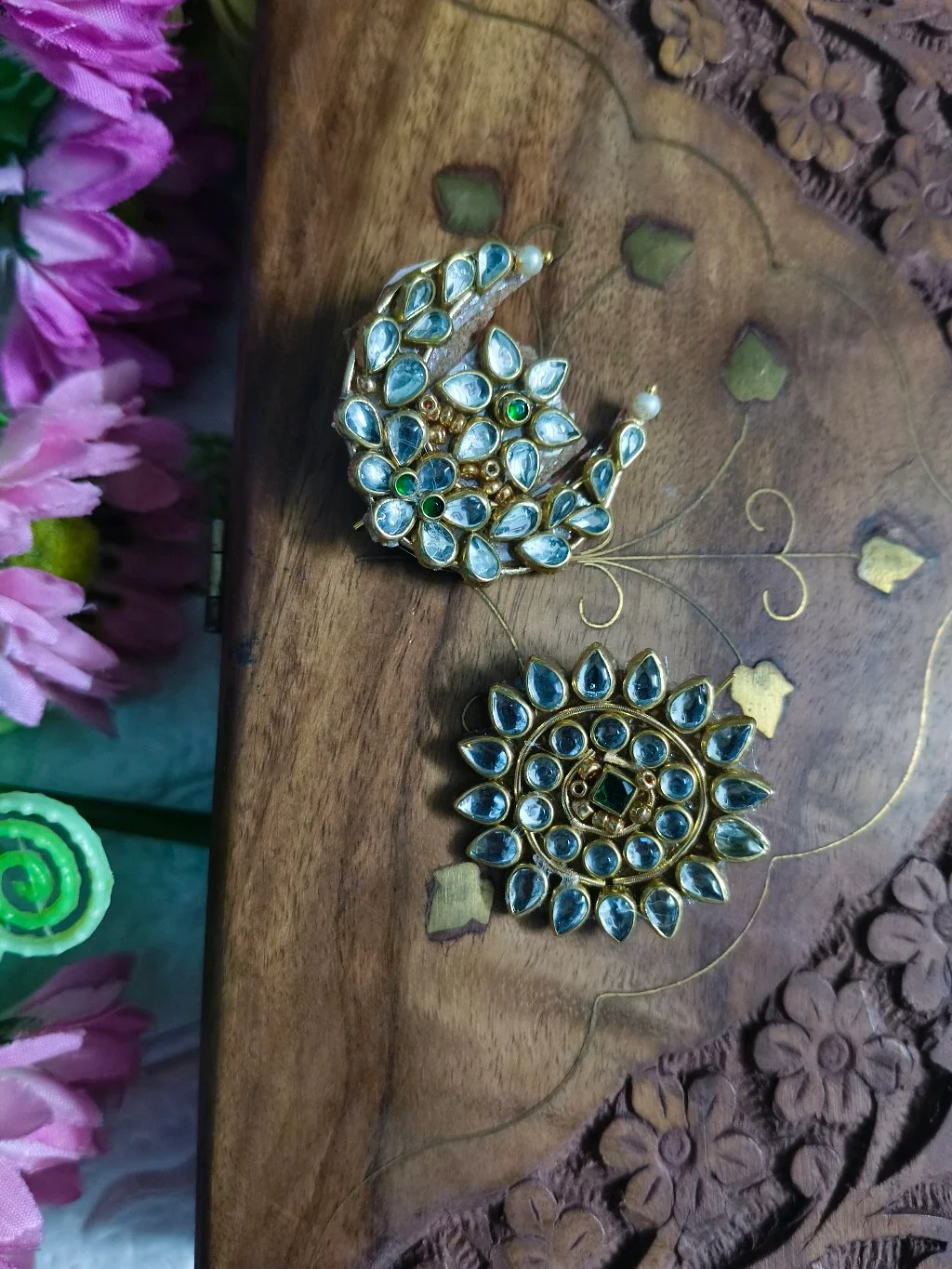 Kundan Stone Crescent and Floral Hair Clips thumbnail 1
