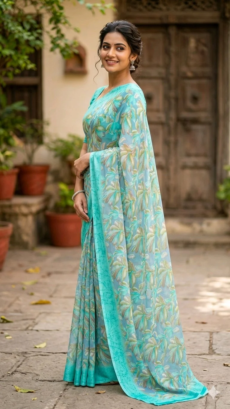Combo Offer Purple Abstract Print & Aqwa Blue Chiffon Saree 4