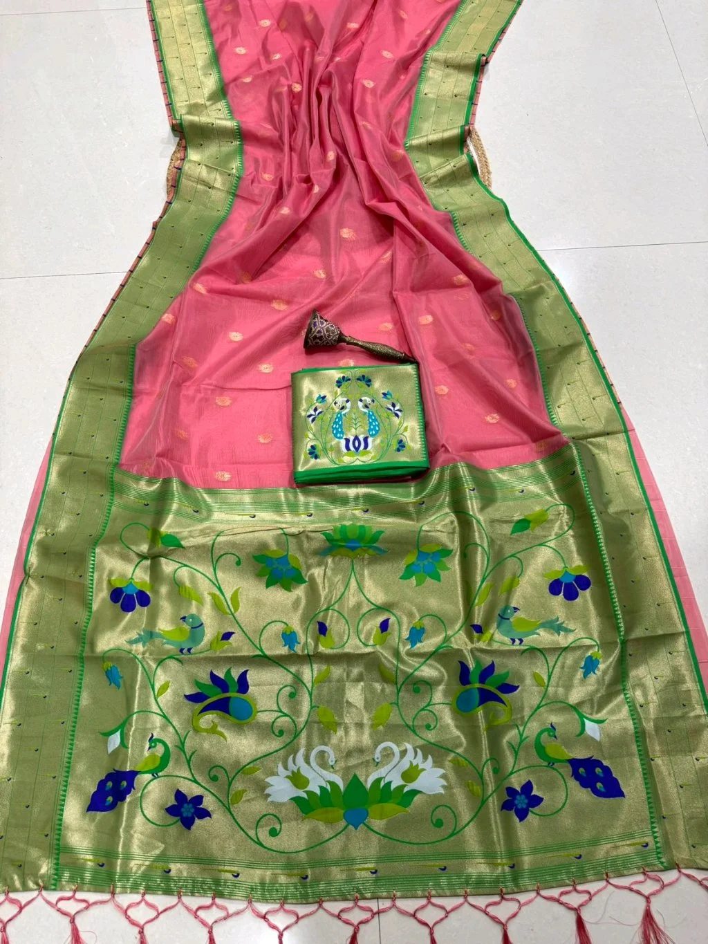 Paithani Silk Saree with Peacock and Floral Motifs thumbnail 2