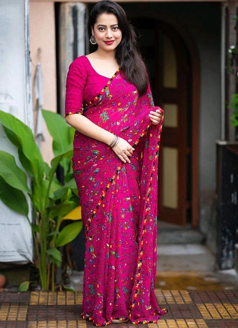 Soft Georgette Saree with Cartoon Prints and Aari Mirror Work 8