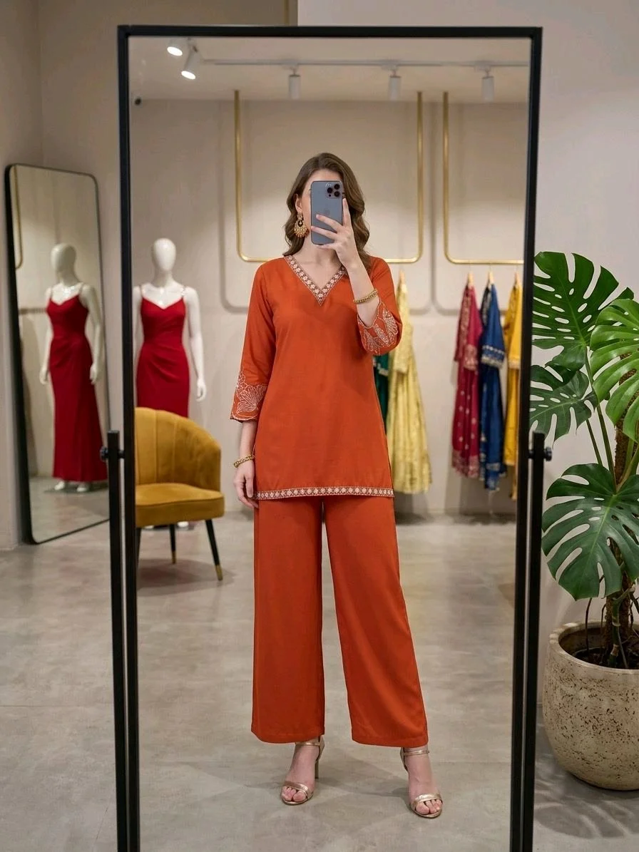 Embroidered V Neck Solid Co-ord Sets 4