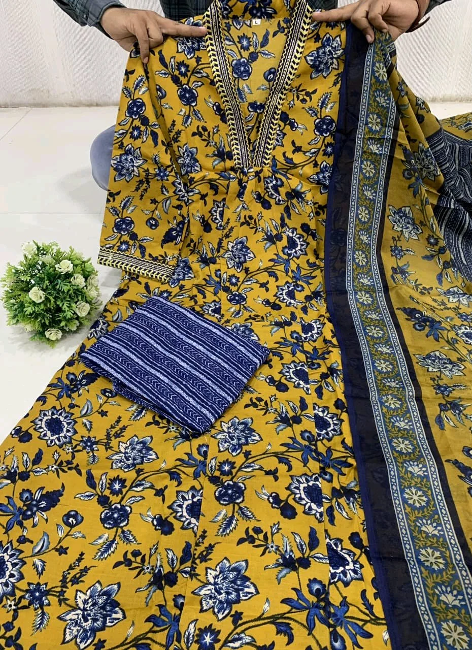 Mustard Yellow Floral Print Kurta Set with Dupatta 7