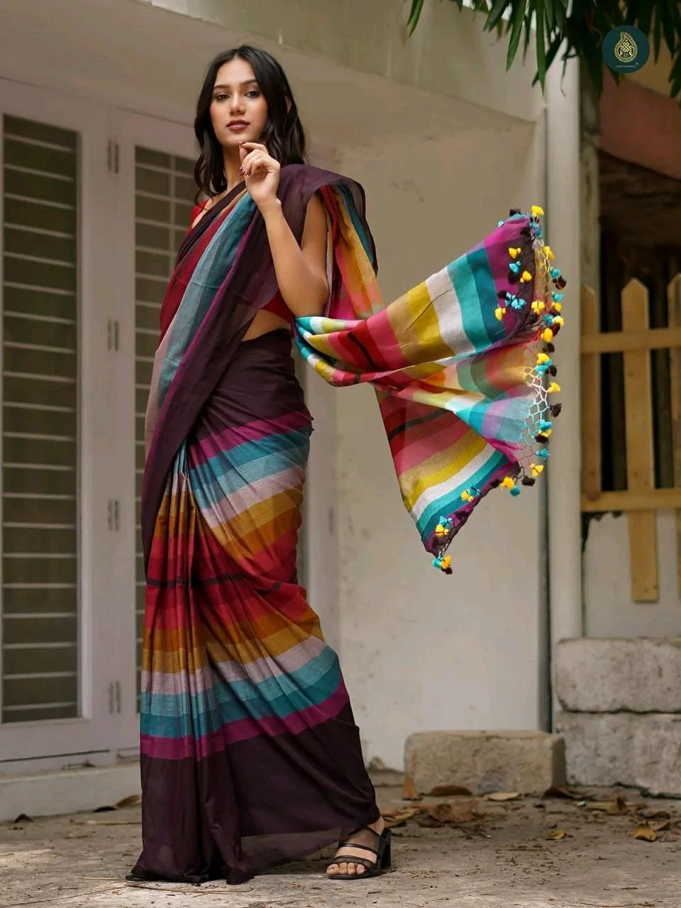 Vibrant Multicolor Plain Linen Cotton Saree with Tassels thumbnail 10
