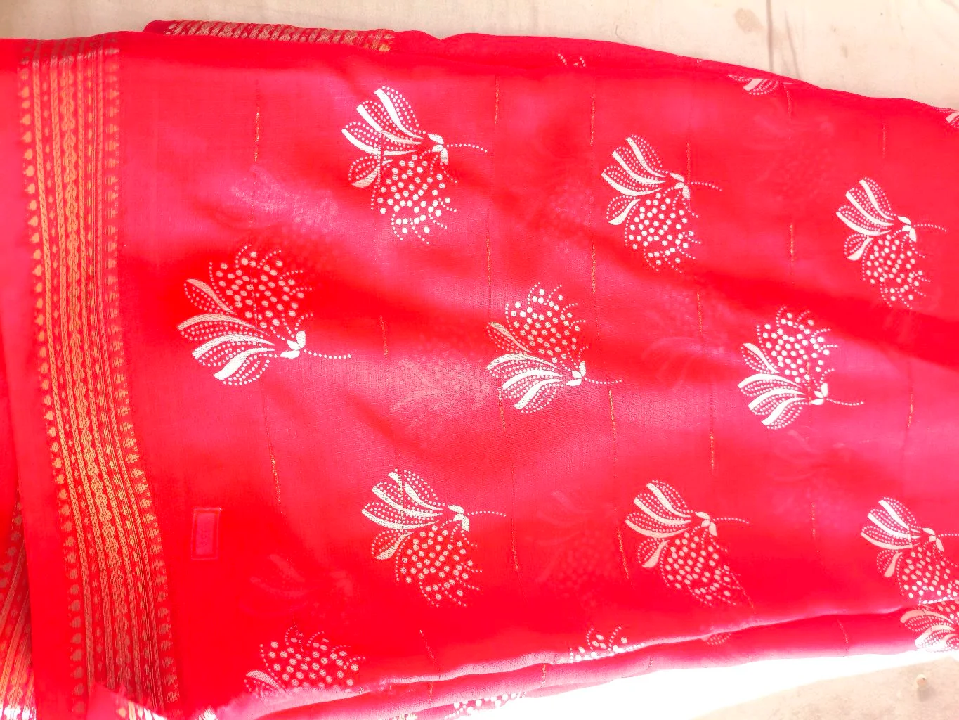 Red Chiffon Saree with White Floral Print and Gold Border