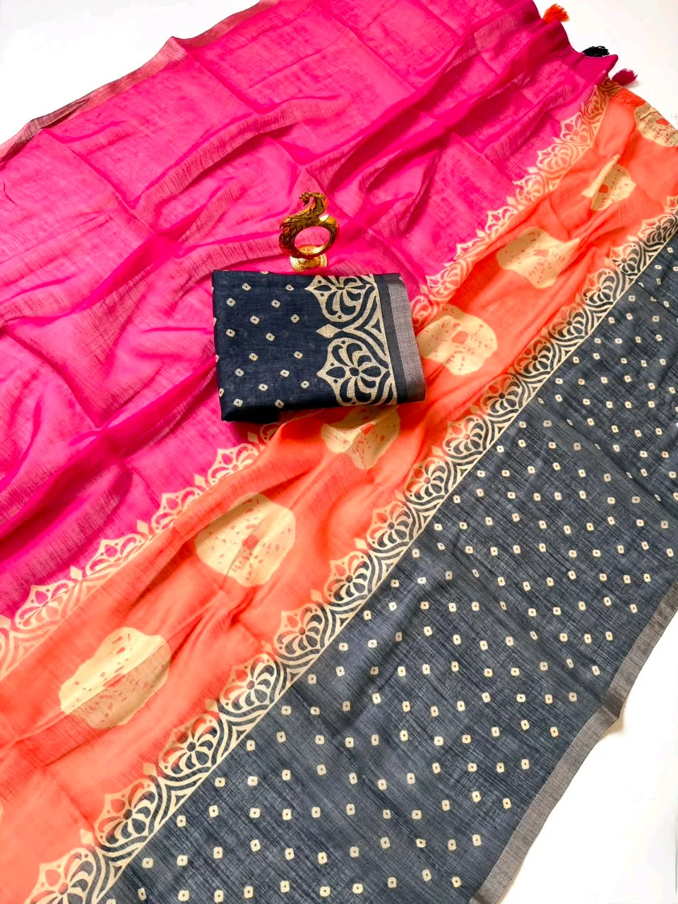 Rani Pink Saree with Black Floral Block Print and Printed Blouse thumbnail 4