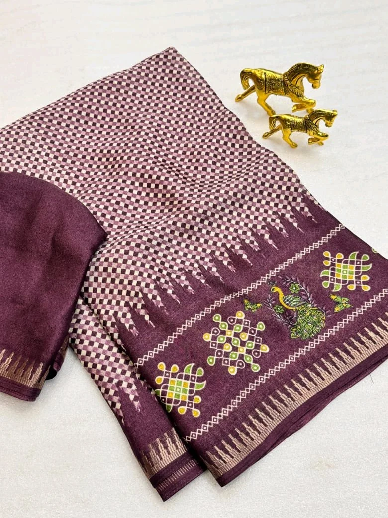 Purple Checkered Saree with Peacock and Kolam Pallu 1