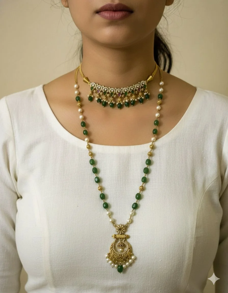Gold Toned Layered Green Bead and Pearl Chain