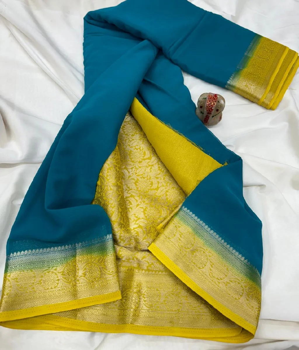 PURE PREMIUM GALA GEORGETTEFOR THIS FESTIVAL SEASONLAUNCHING PURE GALA GEORGETTE WITH CONTRAST BORDER N CONTRAST BROCADE BLOUSE WITH RICH PALLURICH N PURE FEEL GEORGETTE SINGLES N MUTILPLES@ 1350+FREESHIPBACK IN STOCKAVL IN MULTIPLESHIT AVL COLORS thumbnail 4