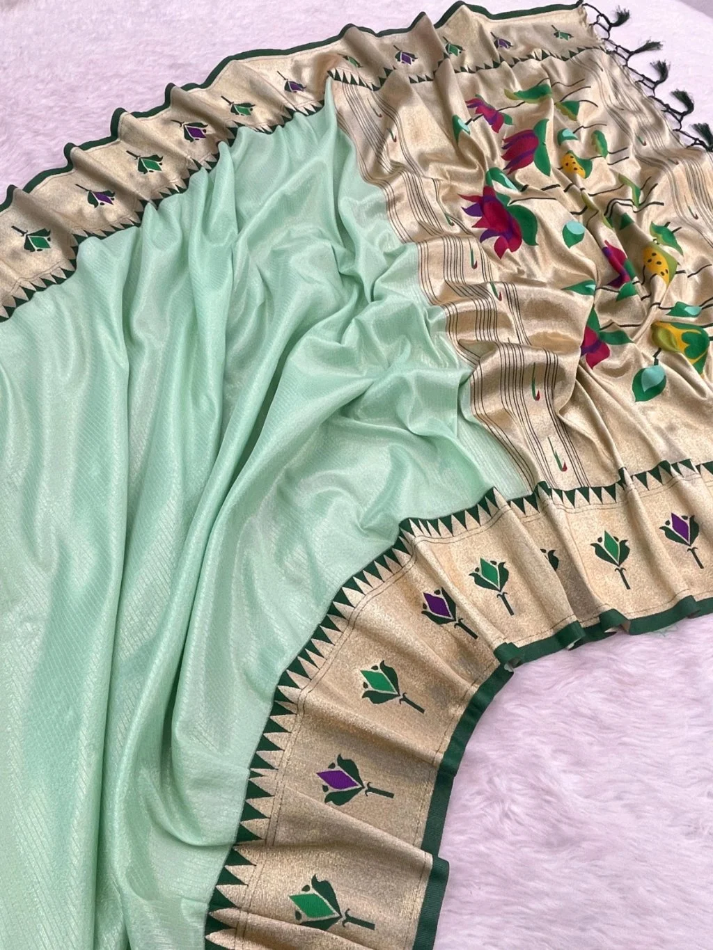 Soft Tissue Silk Paithani Saree with Colorful Floral Pallu and Gold Border 8