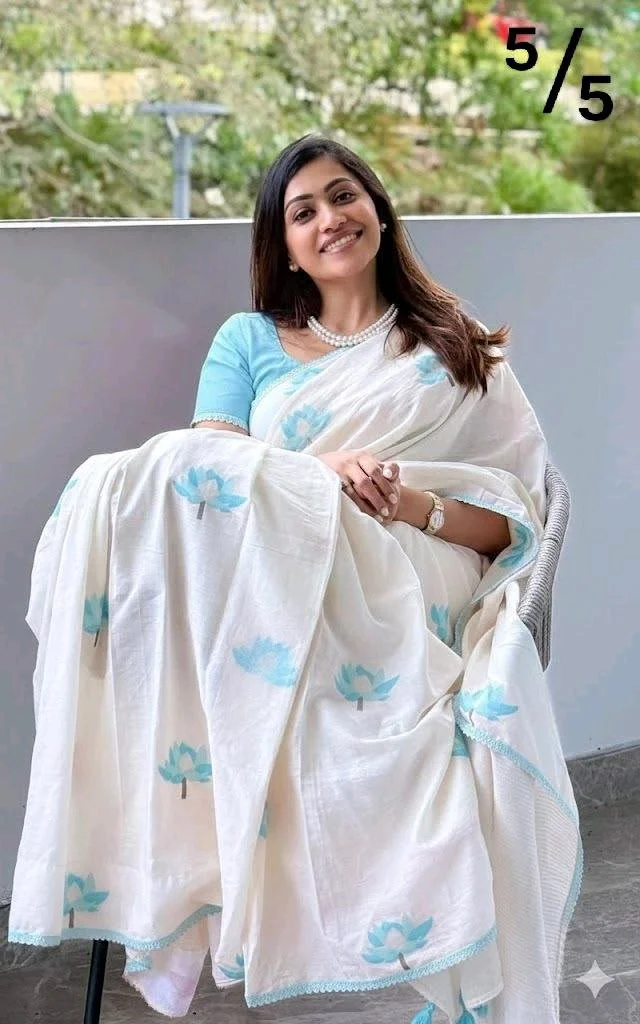 White Lenin Saree with Purple Lotus Motifs and Crochet Border 9