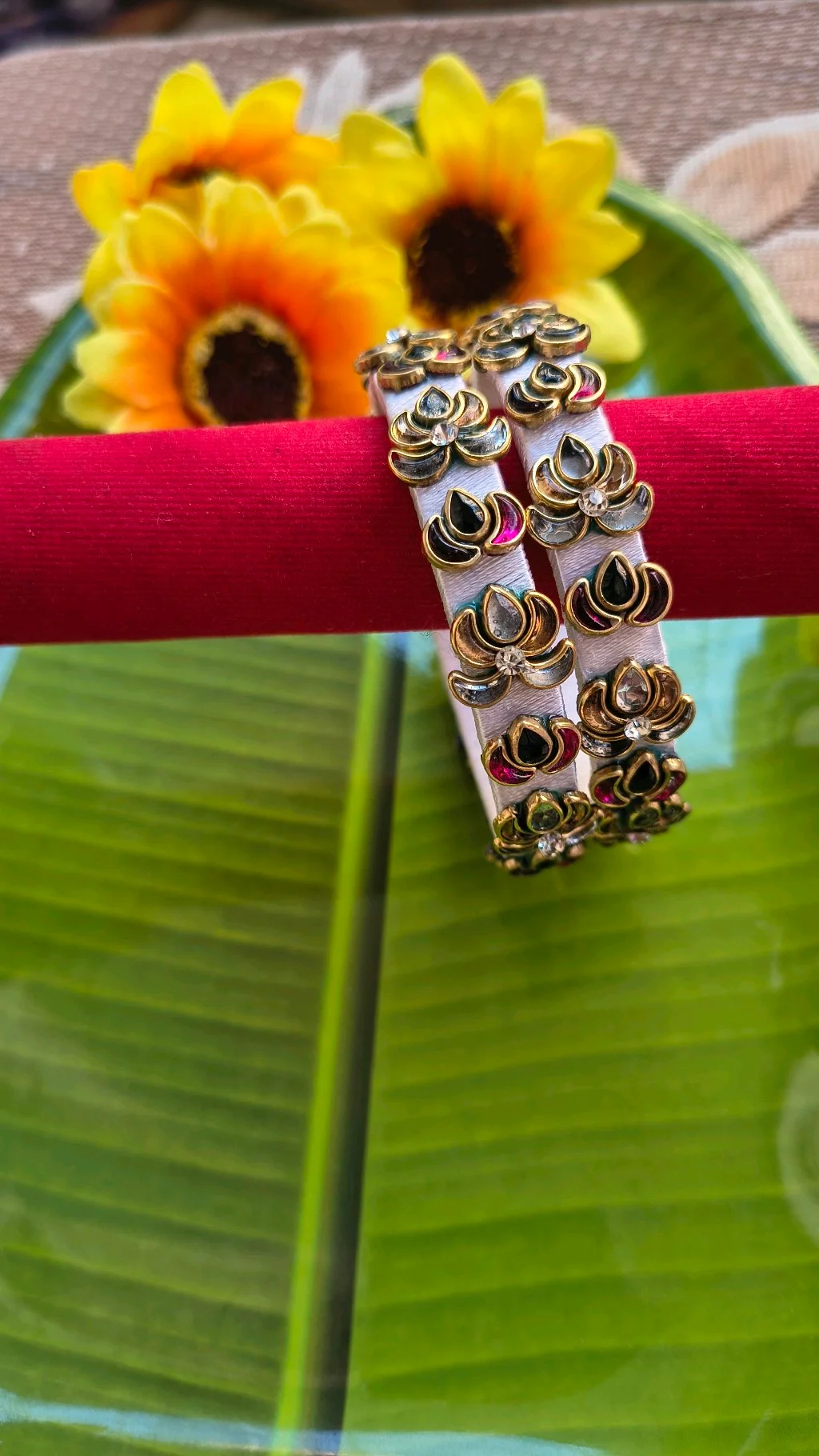 White Silk Thread Bangles with Floral Kundan Embellishments thumbnail 2