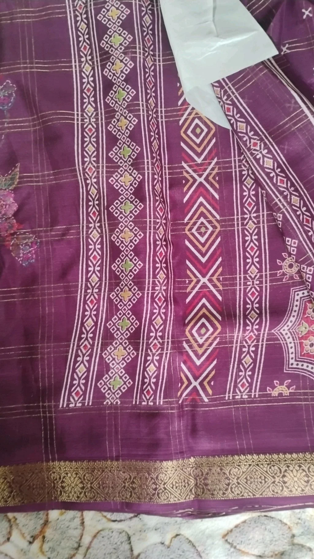 Purple Silk Blend Saree with Gold Checkered Pattern and Floral Print thumbnail 5