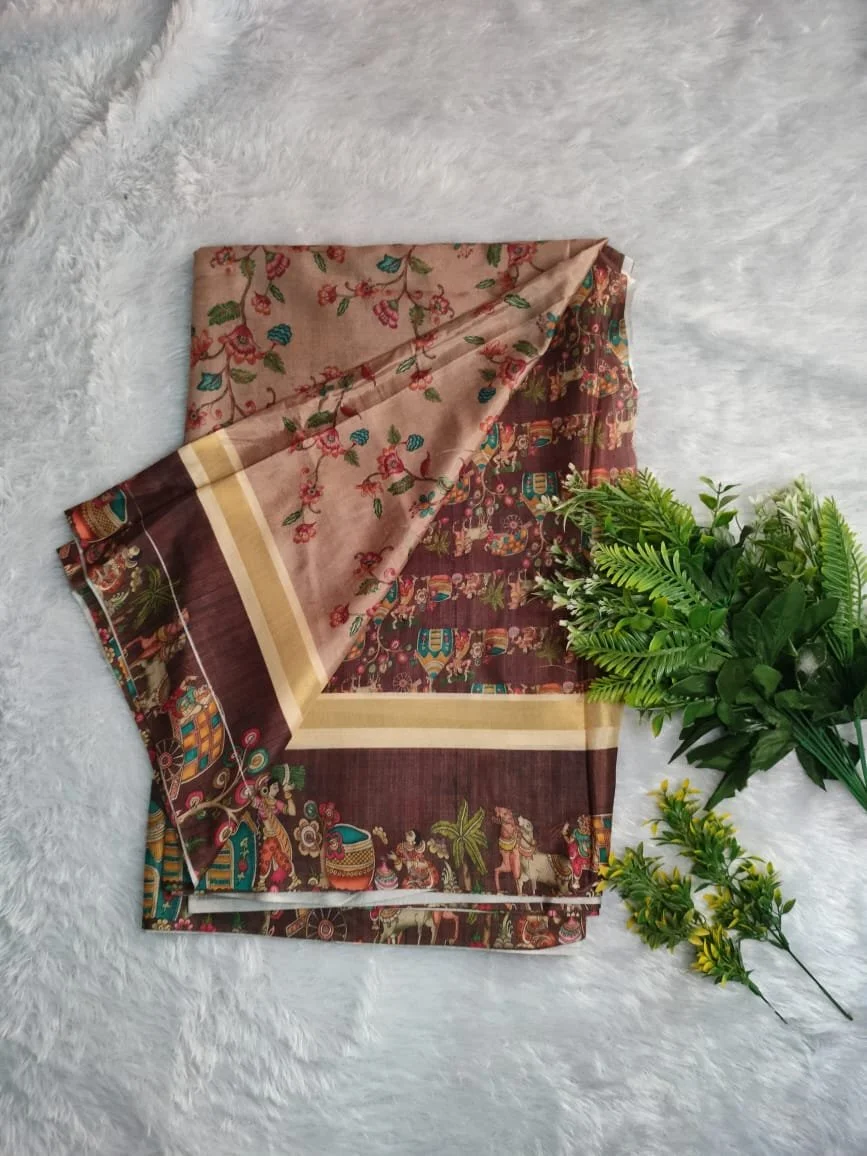 Beige and Brown Traditional Print Saree with Floral and Folk Art Motifs
