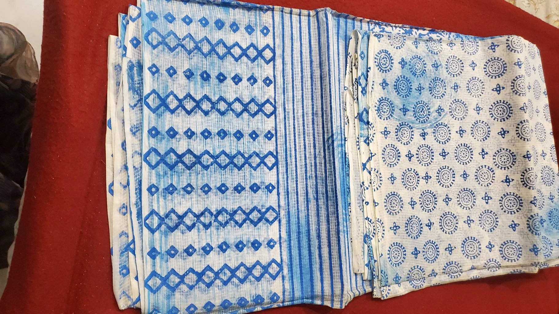 Blue and White Block Print Cotton Organdi Saree 1