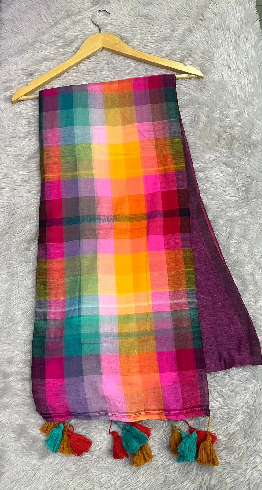 Multi-Color Checkered Cotton Saree with Tassels 3