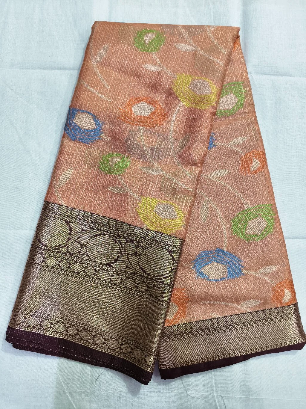 Lime Green Kota Fancy Saree with Floral Motifs and Silver Zari Border thumbnail 5