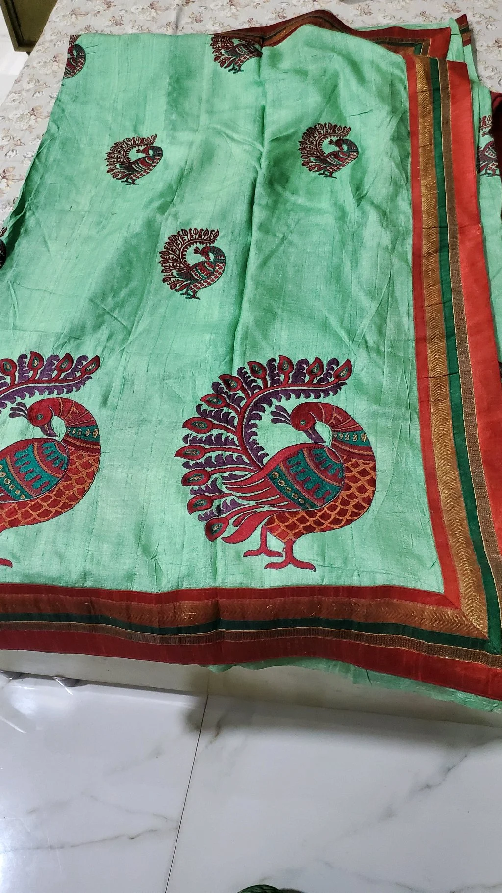 Light Green Tusser Silk Saree with Peacock  అప్లికేషన్ Motifs and  Fancy Border 4