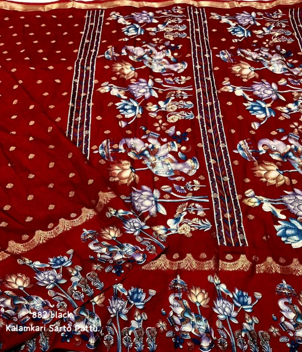 Kalamkari Printed Saree with Gold Border 9
