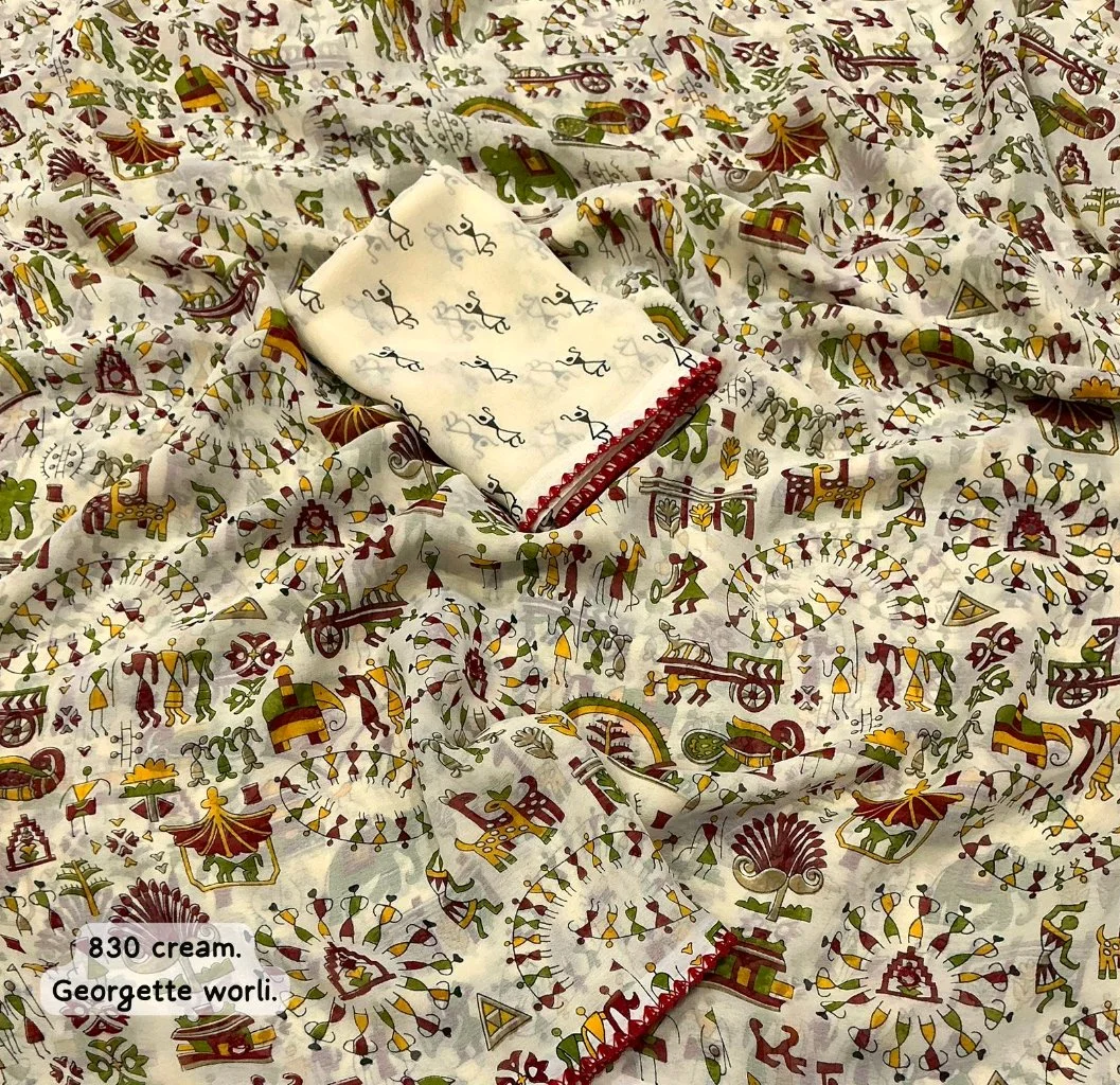 Cream Georgette Worli Print Saree 2