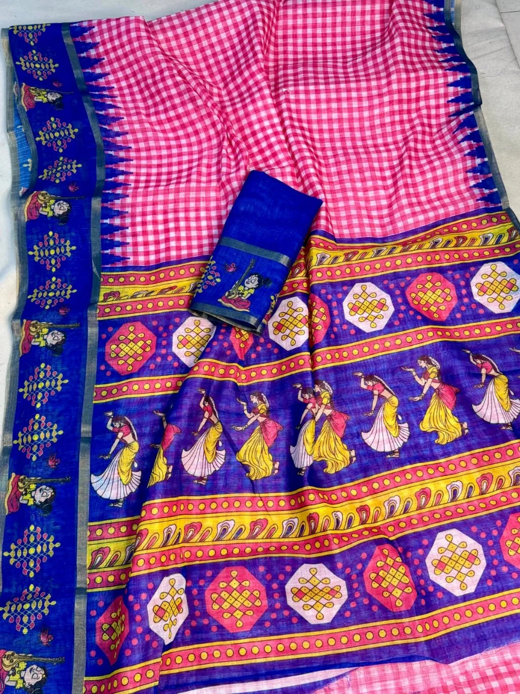 Pink Saree with Veena Girl Print and Checkered Blouse 7