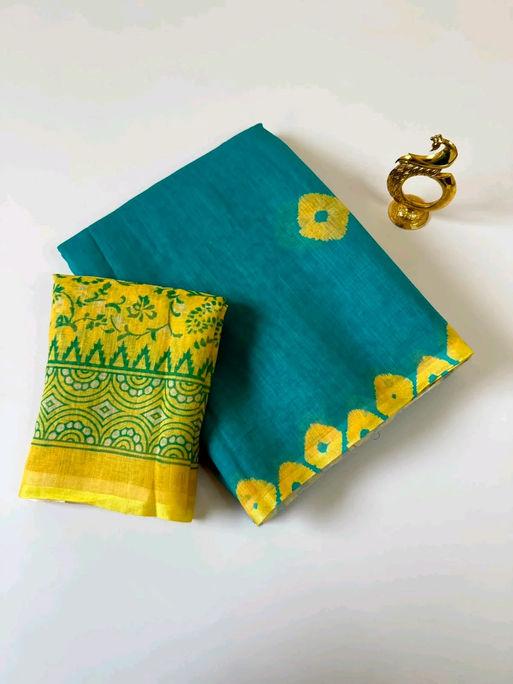 Teal Blue Cotton Saree with Yellow Bandhani Print thumbnail 1