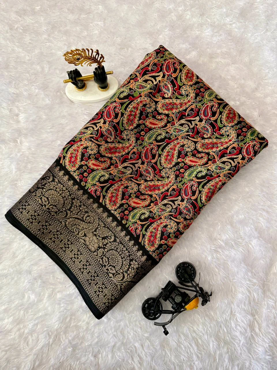 Black Paisley Print Saree with Zari Border 1