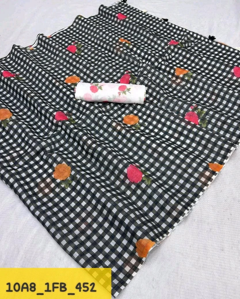 Gingham Cotton Saree with Fruit Print and White Blouse thumbnail 4