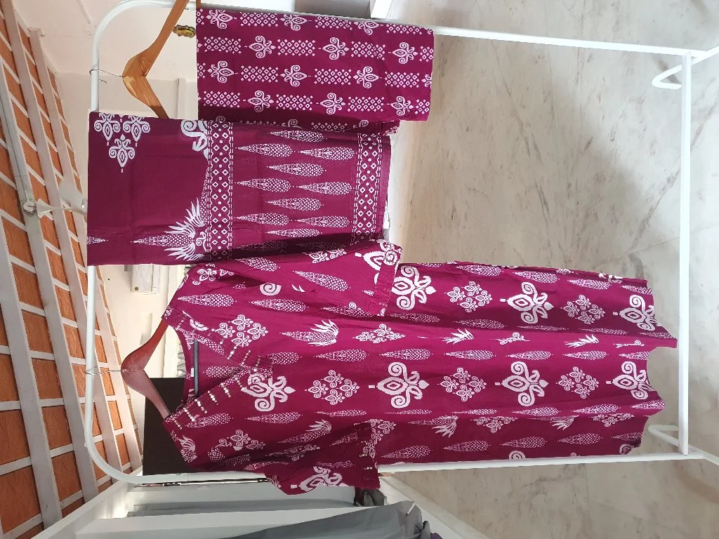 Maroon Block Print Cotton 3 Piece Suit Set