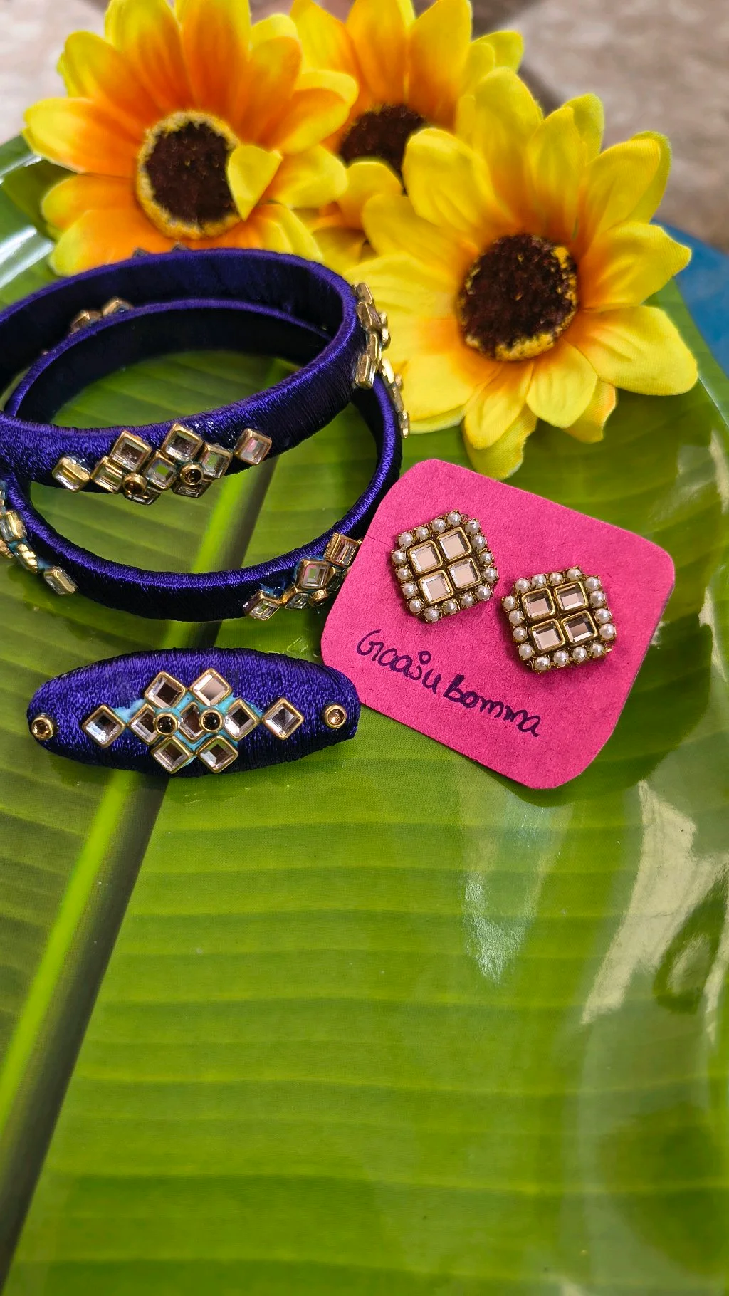 Blue Silk Thread Bangle Set with Kundan Earrings thumbnail 3