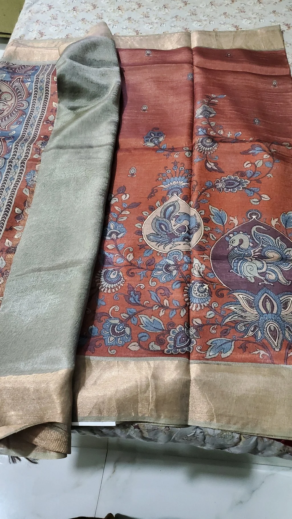 Rust Kalamkari Print Tusser Silk Saree with Zari Border thumbnail 2
