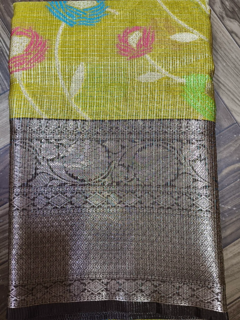 Lime Green Kota Fancy Saree with Floral Motifs and Silver Zari Border thumbnail 1