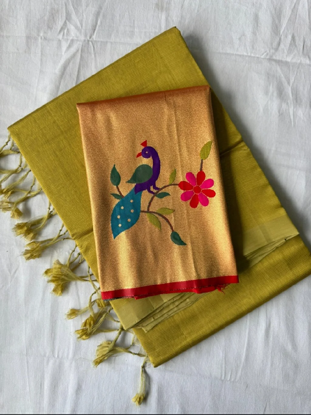 Golden Mangalagiri Pattu Saree with Parrot Motif 4