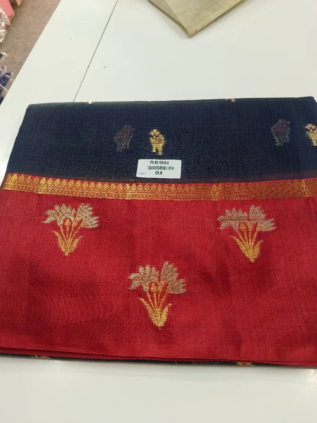 Navy Blue and Red Silk Saree with Gold Zari Motifs thumbnail 2