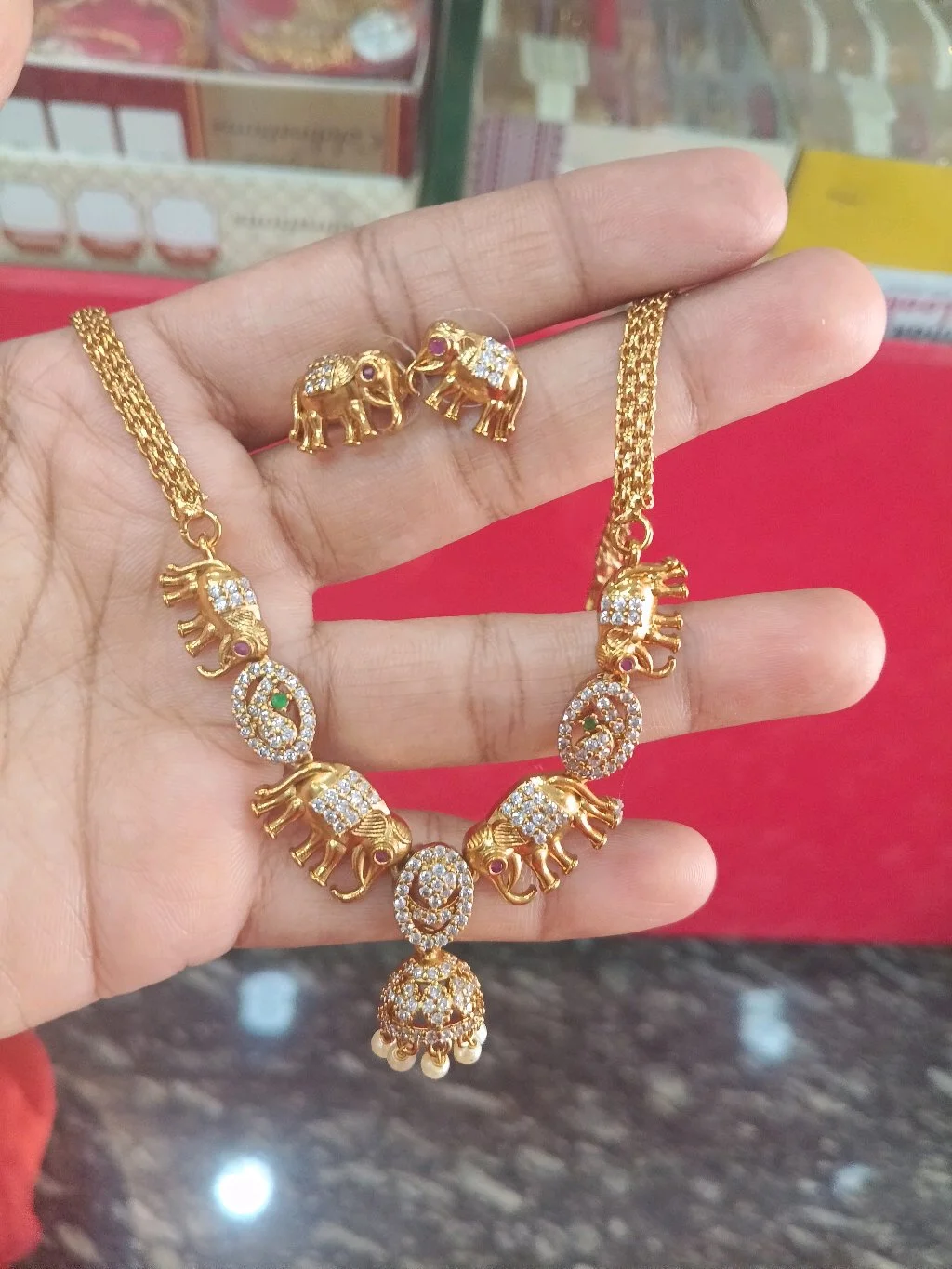 Gold Plated Elephant Design Necklace Set with Jhumka Earrings