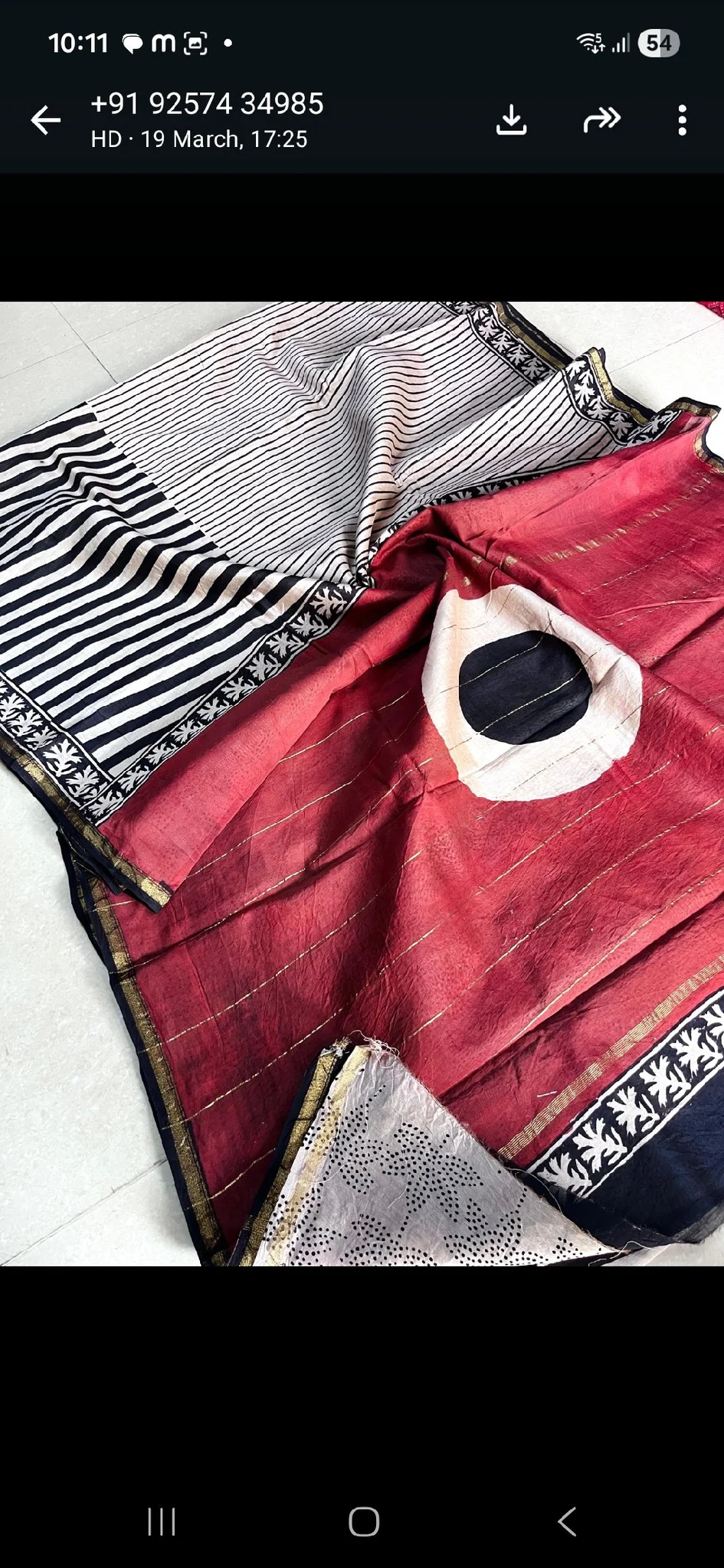 Red and White Striped Handloom Saree with Block Print