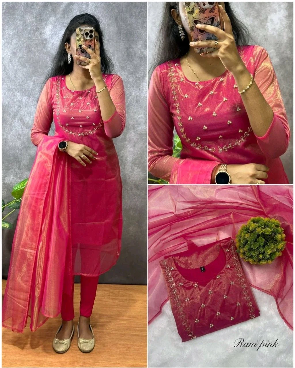 Rani Pink Embroidered Organza Kurti Set with Dupatta 1