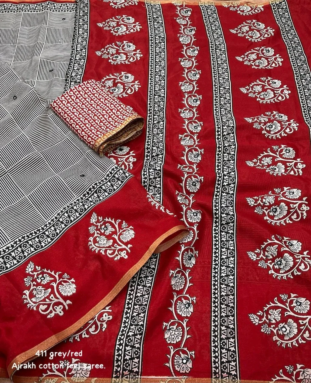 Ajrakh Cotton Saree with Red Prints 4