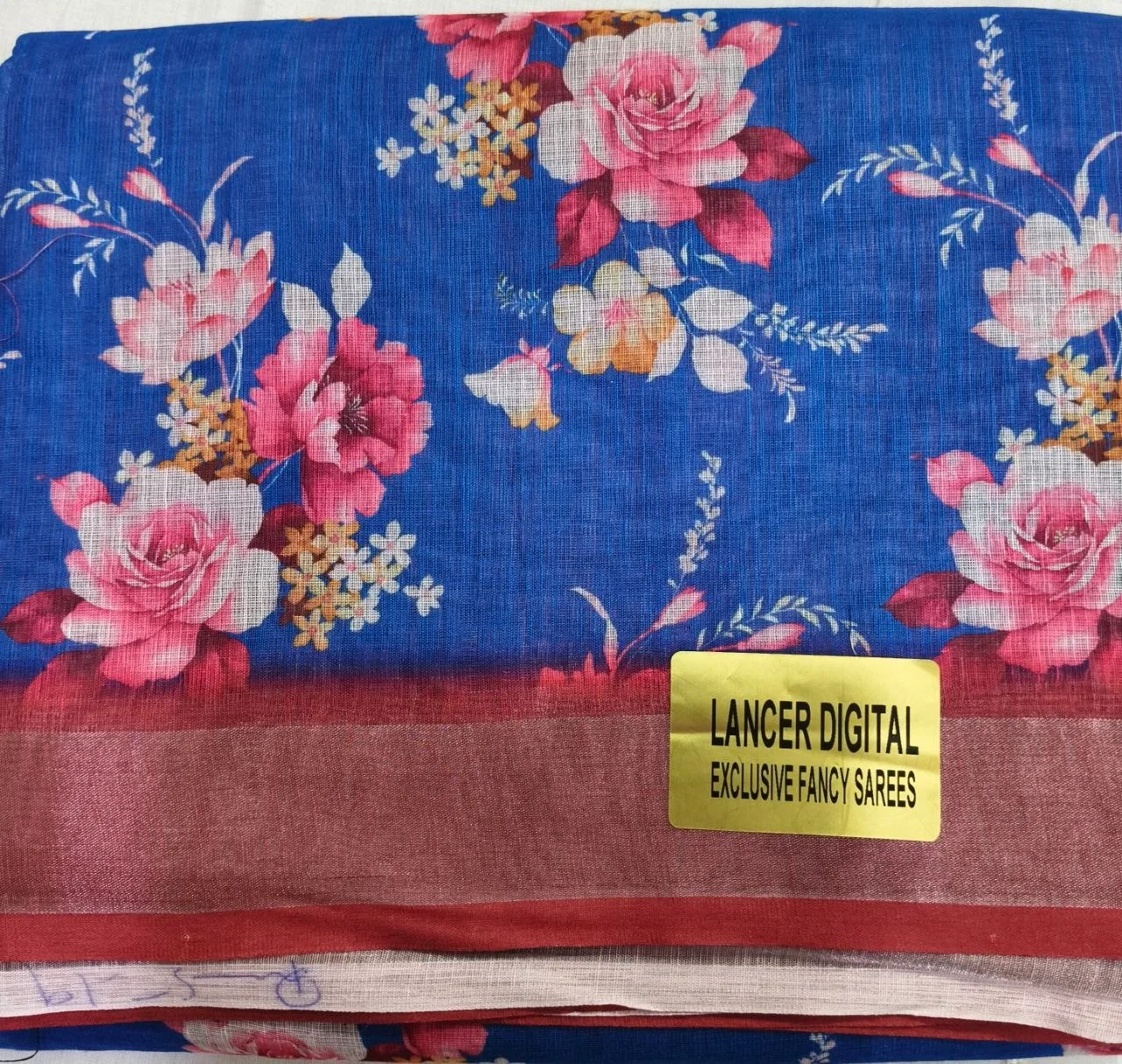 Blue Floral Saree with Pink Paisley Border thumbnail 3