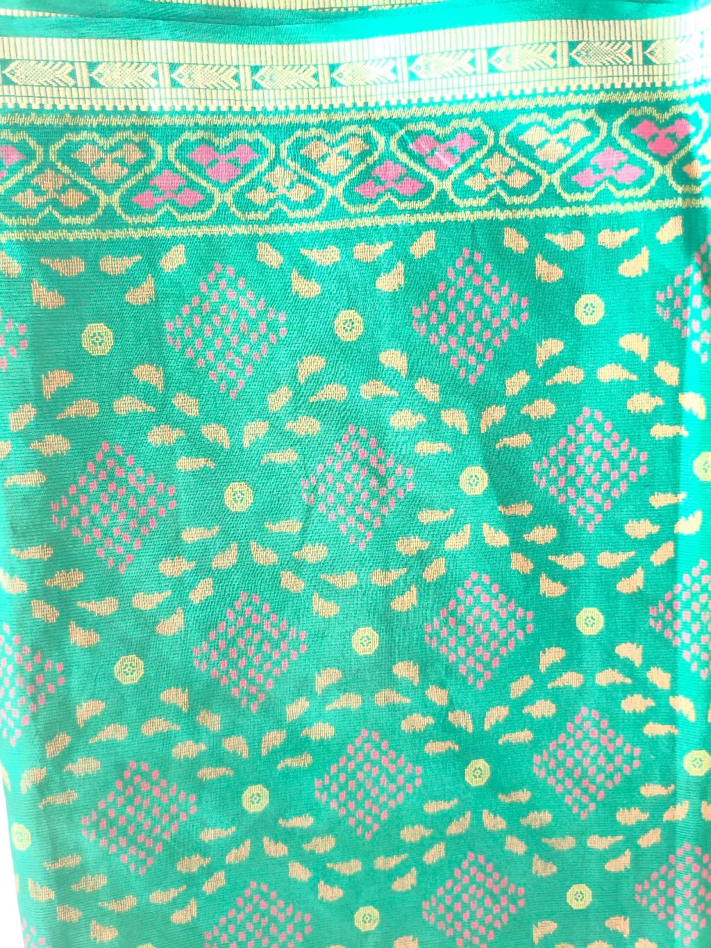 Teal Green Cotton Saree with Pink and Gold Geometric Patterns