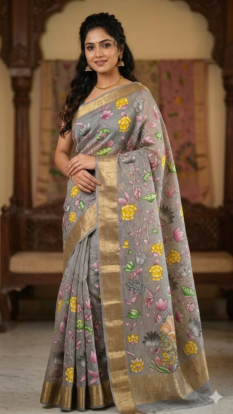 Grey Floral Peacock Print Saree with Zari Border 1