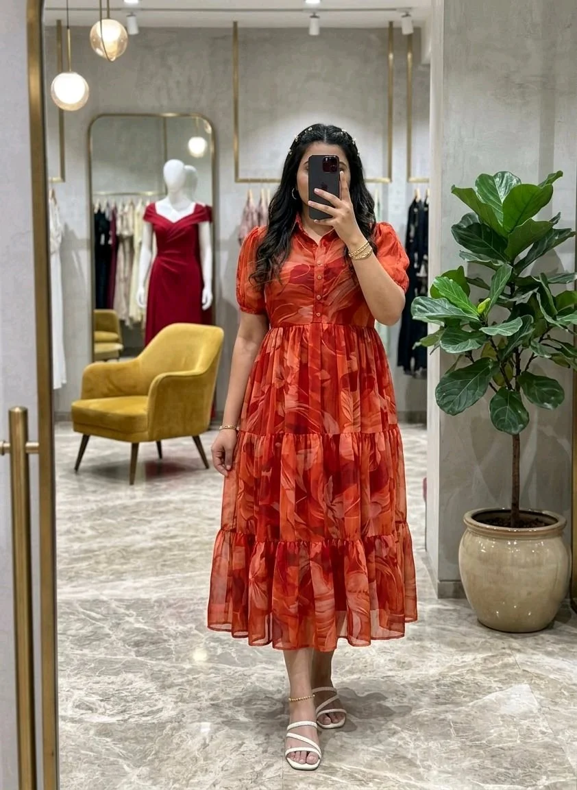 Leaf Print Tiered Midi Dress 2
