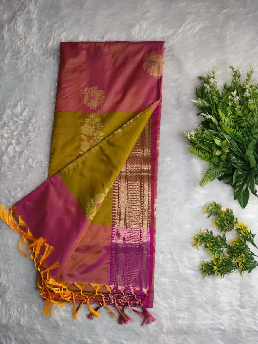 Pink and Olive Green Semi Uppada Saree with Zari Floral Motifs