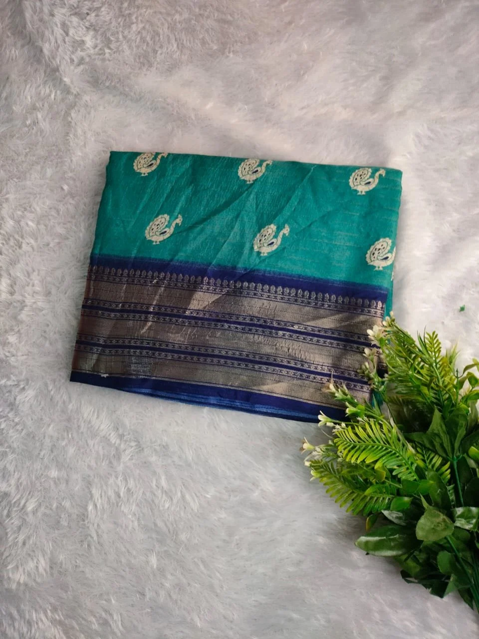 Light Brown, Blue, Saree Swith Red Border and Peacock Motifs 2