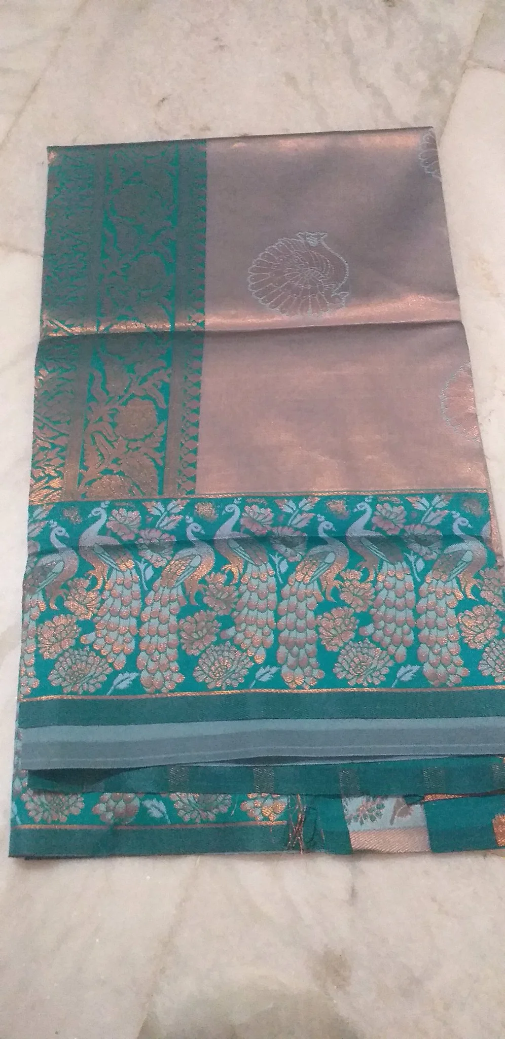 Grey and Teal Silk Saree with Peacock Zari Workand teal buta blouse 2