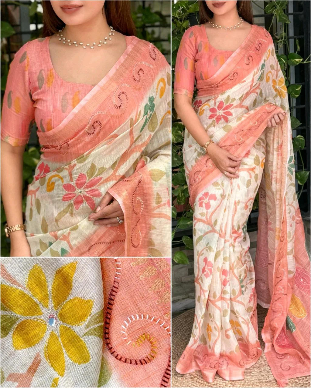 NC Cotton Floral Print Saree with Pink Embroidered Border 4